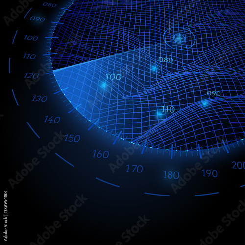 Radar round screen in perspective, on black background. Vector illustration.