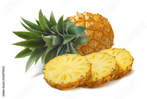 Horizontal pineapple and round slices isolated on white backgrou