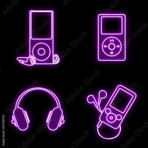 Glowing ipod and headphone icon set, purple neon glow icons isolated on black