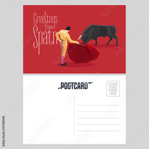 Bull and bullfighter on Spanish arena during bullfighting performance vector postcard