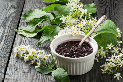 Medicinal plant bird cherry (flowering branches and jam)