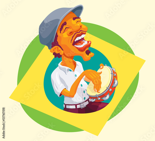 Tambourine player popping up of brazilian flag - Smart guy singing and playing samba