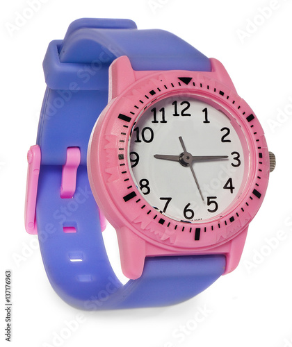 Pink watch with a purple stripe. Wristwatch on a white background with slight reflection.