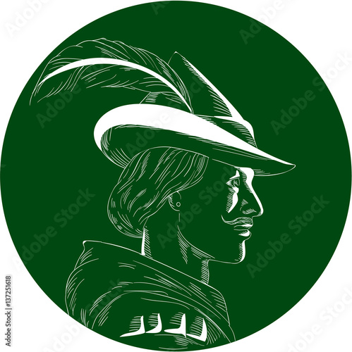 Illustration of a Robin Hood wearing medieval hat with a pointed brim and feather viewed from side set inside circle done in retro woodcut style.