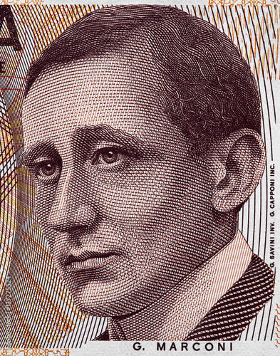 Guglielmo Marconi (1874 – 1937) face portrait on Italy 2000 lira banknote (1990) close up, Italian money macro. Inventor of radio.