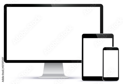 Computer Screen, Tablet PC, Smart Phone Vector illustration isolated on white background