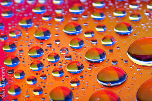 The Abstract orange red background with gradient color water drops on glass with reflection, bockeh, macro