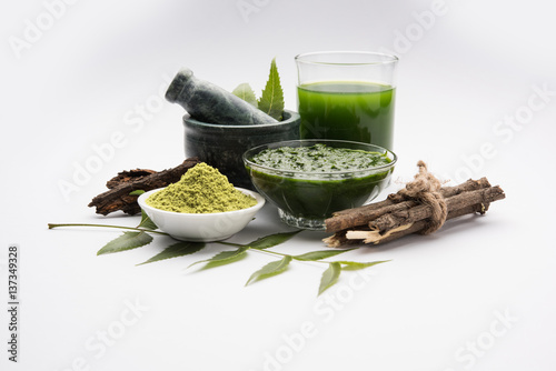 Medicinal Ayurvedic Azadirachta indica or Neem leaves in mortar and pestle with neem paste, juice and twigs, powder and oil, selective focus