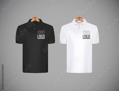 Men's slim-fitting short sleeve polo shirt with logo for advertising. Black and white polo shirt with wooden hanger isolated mock-up design template for branding.