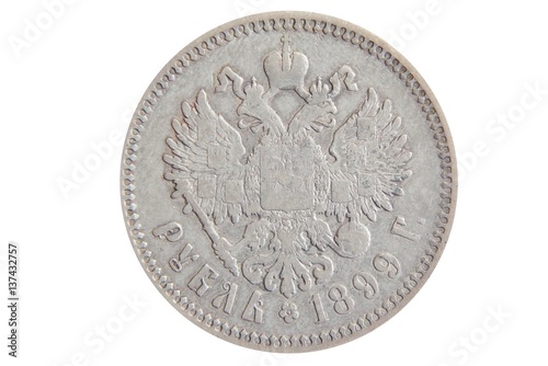 old silver Russian coin one ruble in 1899 on an isolated white background