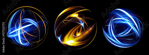 3D Atom icon. Luminous nuclear model on dark background. Glowing energy balls. Molecule structure. Trace atoms and electrons. Physics concept. Microscopic forms. Nuclear reaction element. Supernova 