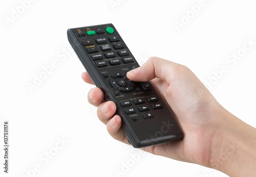 woman hand holding remote control, isolated on white background.