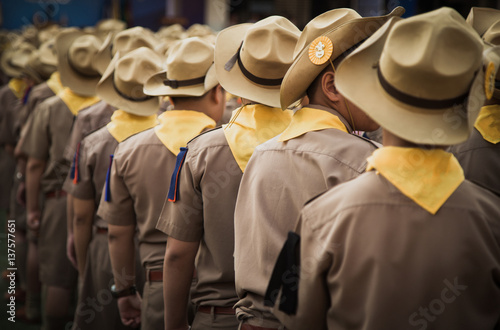 Backside of asian boy scout group line up and prepare for boy scout camp activities.