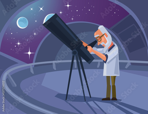 Astronomer scientist character looking through telescope. Vector flat cartoon illustration