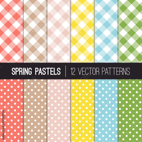 Spring Pastel Colors Gingham Plaid and Polka Dots Vector Patterns. Colors of 2017 Including Greenery, Hazelnut, Pale Dogwood and Island Paradise. Pattern Tile Swatches Included.