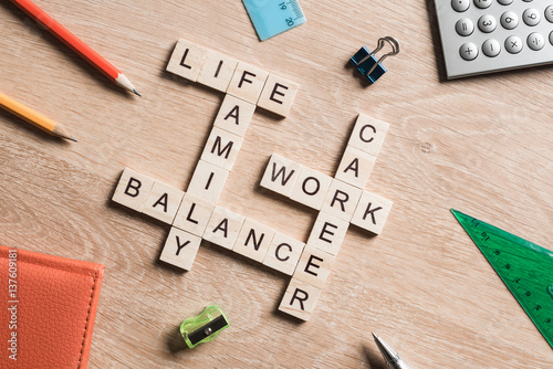 Words work life balance and family on table collected with wooden cubes