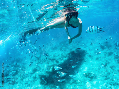 Piękna kobieta snorkeling wśród ryb w błękitnym oceanie.