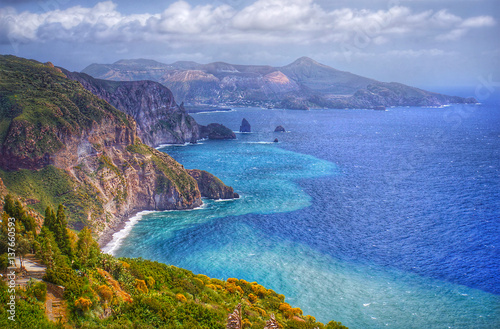 Lipari island, Italy, beautiful view on Vulcano island from Lipari island