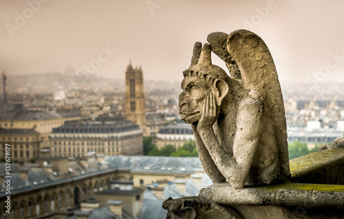 Chimera (gargoyle) of the Cathedral of Notre Dame de Paris overlooking Paris, France