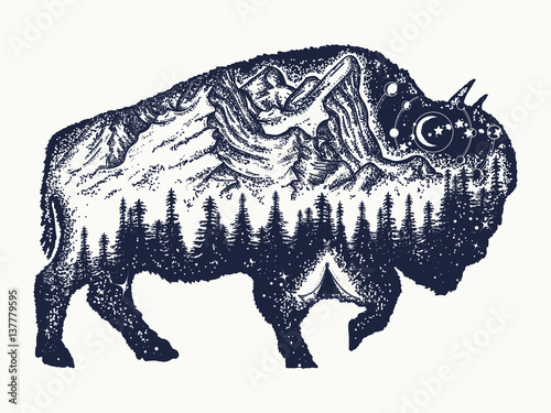 Bison tattoo art. Buffalo bull travel symbol, adventure tourism. Mountain, forest, night sky