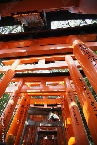 Red wooden torii gate in the territory of a Shinto temple in Kyoto, Japan. At the gates of the sacred religious teksty- Buddhist scriptures