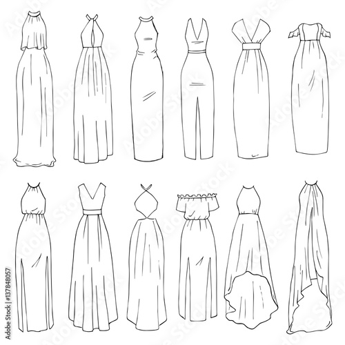 Hand drawn vector clothing set. 12 models of trendy maxi dresses. 