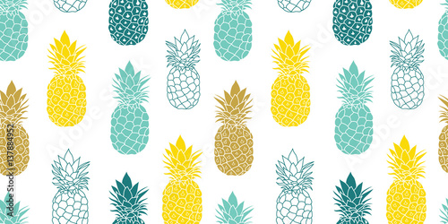 Fresh Blue Yellow Pineapples Vector Repeat Seamless Pattrern in Grey and Yellow Colors. Great for fabric, packaging, wallpaper, invitations.