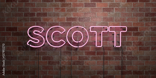 SCOTT - fluorescent Neon tube Sign on brickwork - Front view - 3D rendered royalty free stock picture. Can be used for online banner ads and direct mailers..