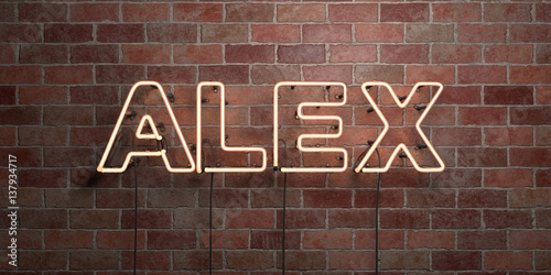 ALEX - fluorescent Neon tube Sign on brickwork - Front view - 3D rendered royalty free stock picture. Can be used for online banner ads and direct mailers..