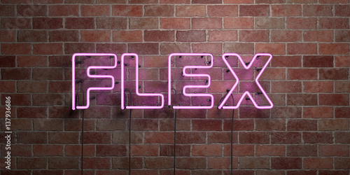 FLEX - fluorescent Neon tube Sign on brickwork - Front view - 3D rendered royalty free stock picture. Can be used for online banner ads and direct mailers..