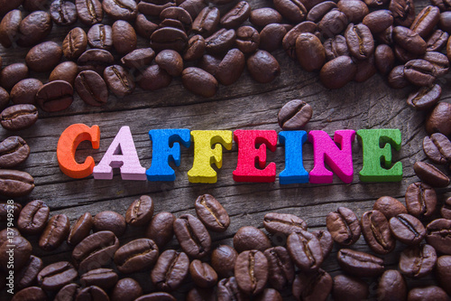 word caffeine and coffee beans