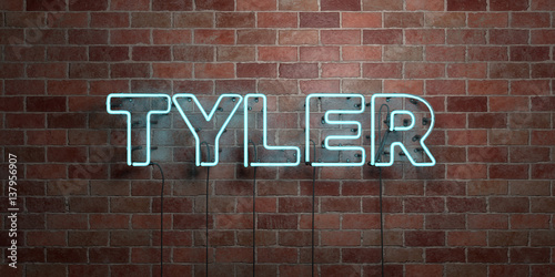 TYLER - fluorescent Neon tube Sign on brickwork - Front view - 3D rendered royalty free stock picture. Can be used for online banner ads and direct mailers..