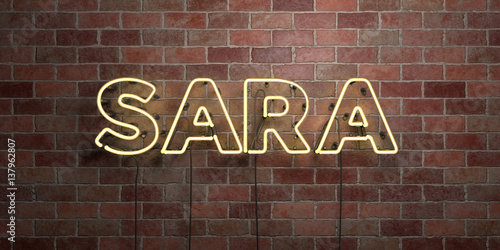 SARA - fluorescent Neon tube Sign on brickwork - Front view - 3D rendered royalty free stock picture. Can be used for online banner ads and direct mailers..