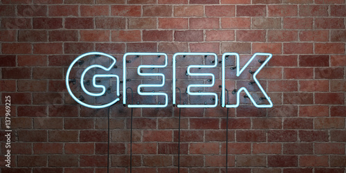 GEEK - fluorescent Neon tube Sign on brickwork - Front view - 3D rendered royalty free stock picture. Can be used for online banner ads and direct mailers..