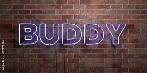 BUDDY - fluorescent Neon tube Sign on brickwork - Front view - 3D rendered royalty free stock picture. Can be used for online banner ads and direct mailers..