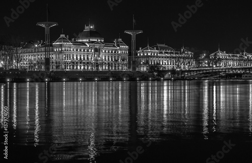 Lyon University bridge and building by night b&w photography