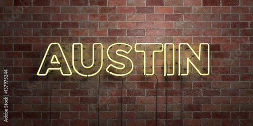 AUSTIN - fluorescent Neon tube Sign on brickwork - Front view - 3D rendered royalty free stock picture. Can be used for online banner ads and direct mailers..