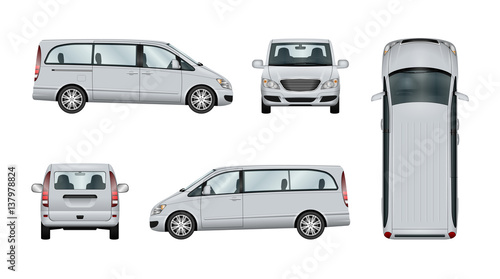 Family minivan vector template. Isolated van car on white backgroung. The ability to easily change the color. View from side, back, front and top. All sides in groups on separate layers.