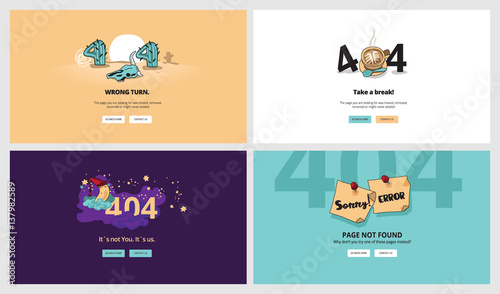 Set of flat design 404 error page templates. Vector concept illustrations of page not found for website design and development.