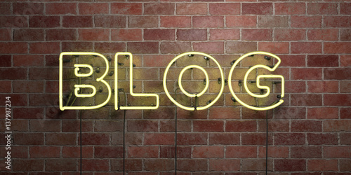 BLOG - fluorescent Neon tube Sign on brickwork - Front view - 3D rendered royalty free stock picture. Can be used for online banner ads and direct mailers..