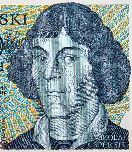 Nicolaus Copernicus face portrait on Poland zloty banknote closeup. Genius renaissance mathematician and astronomer.