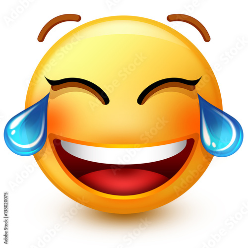 Cute laughing-face emoticon or 3d smiley emoji, laughing so much that it's crying tears of joy.