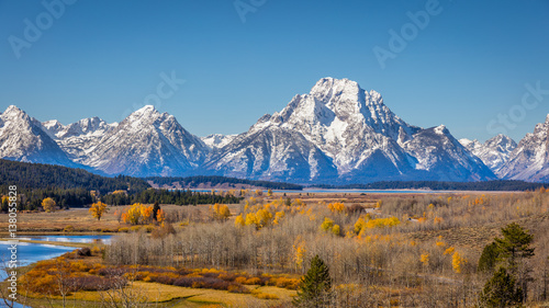 Golden autumn forest. Beautiful snow-capped mountains. Grand Teton National Park, Wyoming, USA
