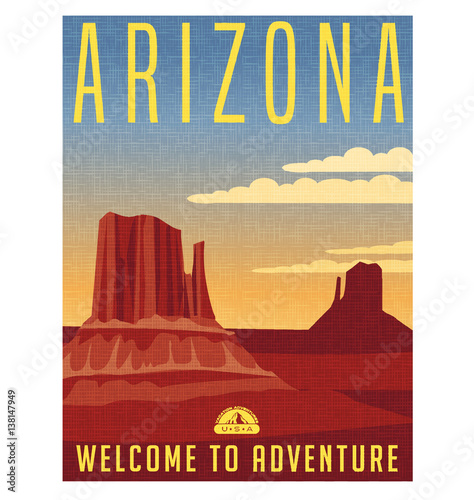 Arizona travel poster. Detailed vector illustration of scenic desert landscape with buttes.