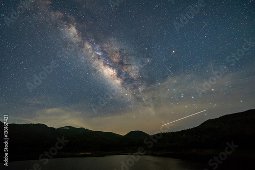 Shooting star and milky way over reservoir with mountain night sky.