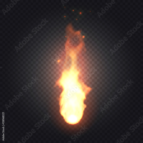 Bright realistic fire flames with transparency isolated on checkered vector background. Special light effects for design and decoration. Fireball easy to use.