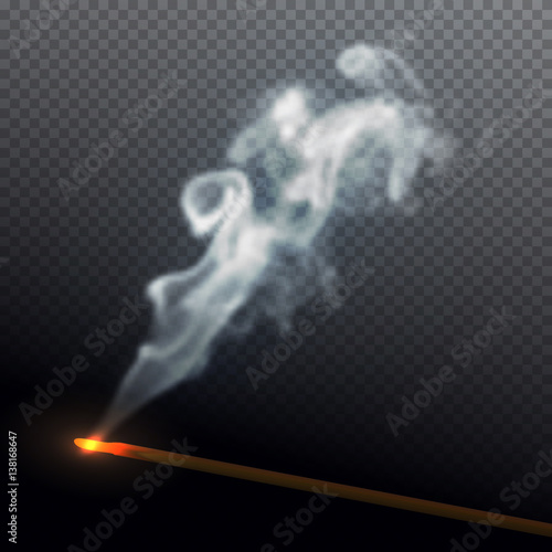 Realistic smoke from aroma sticks on transparent background. Beautiful incense burning. Vector illustration.