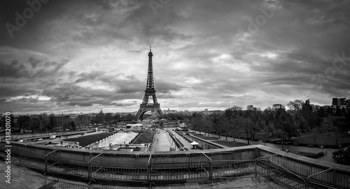 Beautiful panoramic cityscape. View of the Eiffel Tower from the Trocadero. BW photography. France. Paris.