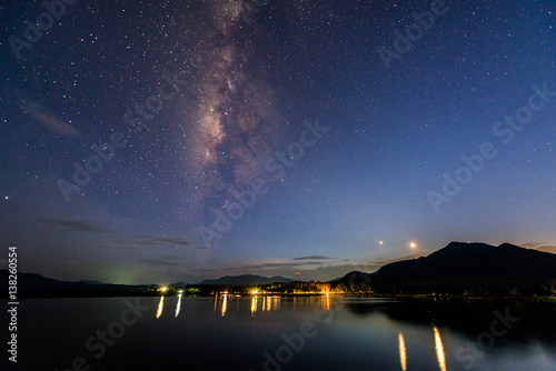 Milky way over reservoir with mountain night