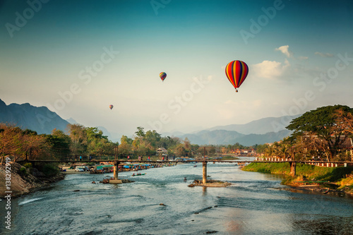 Beautiful views of the mountains and the balloon tour, landmarks travels Vang Vieng, Laos.